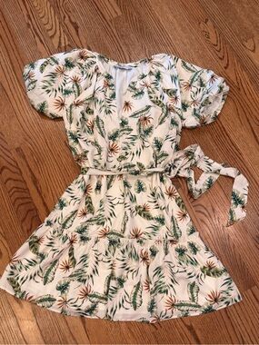 Greylin Cream Tropical Leaf Wrap Dress with Green & Tan Accents